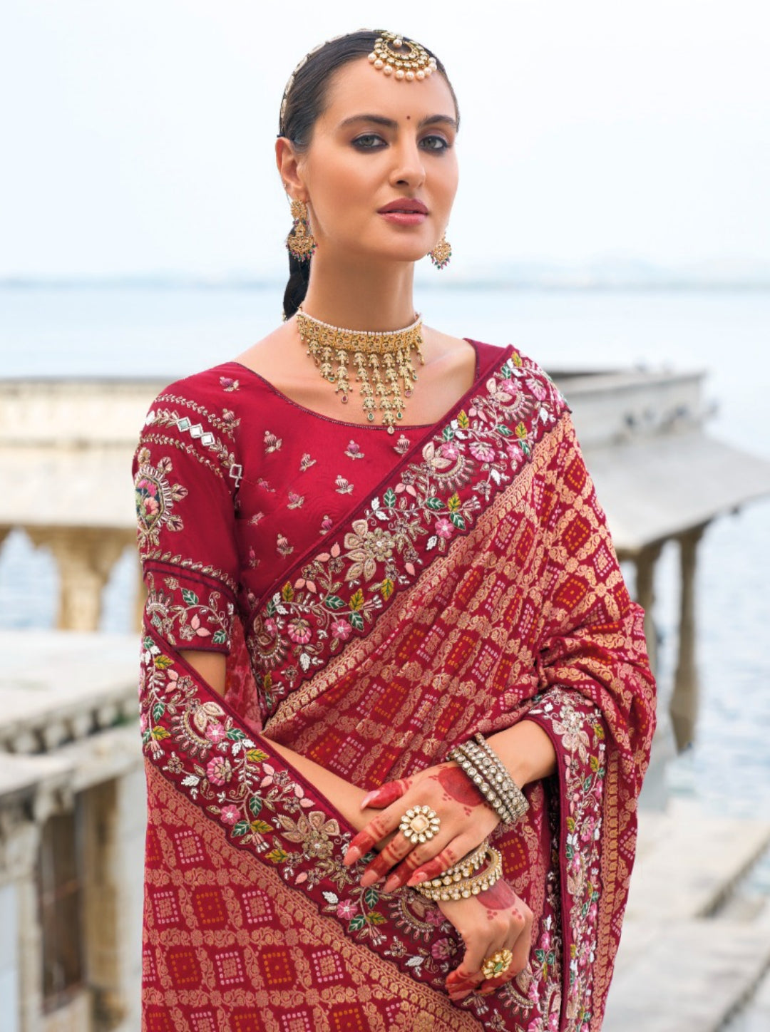 Polished Maroon Pure Bandhej Pallu & Dola Silk Skirt With Thread, Jari, Mirror & Moti Heavy Work Boutique Style Saree
