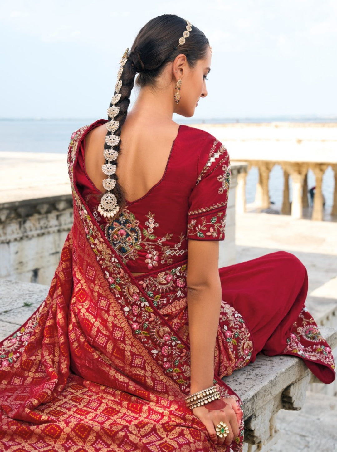 Polished Maroon Pure Bandhej Pallu & Dola Silk Skirt With Thread, Jari, Mirror & Moti Heavy Work Boutique Style Saree