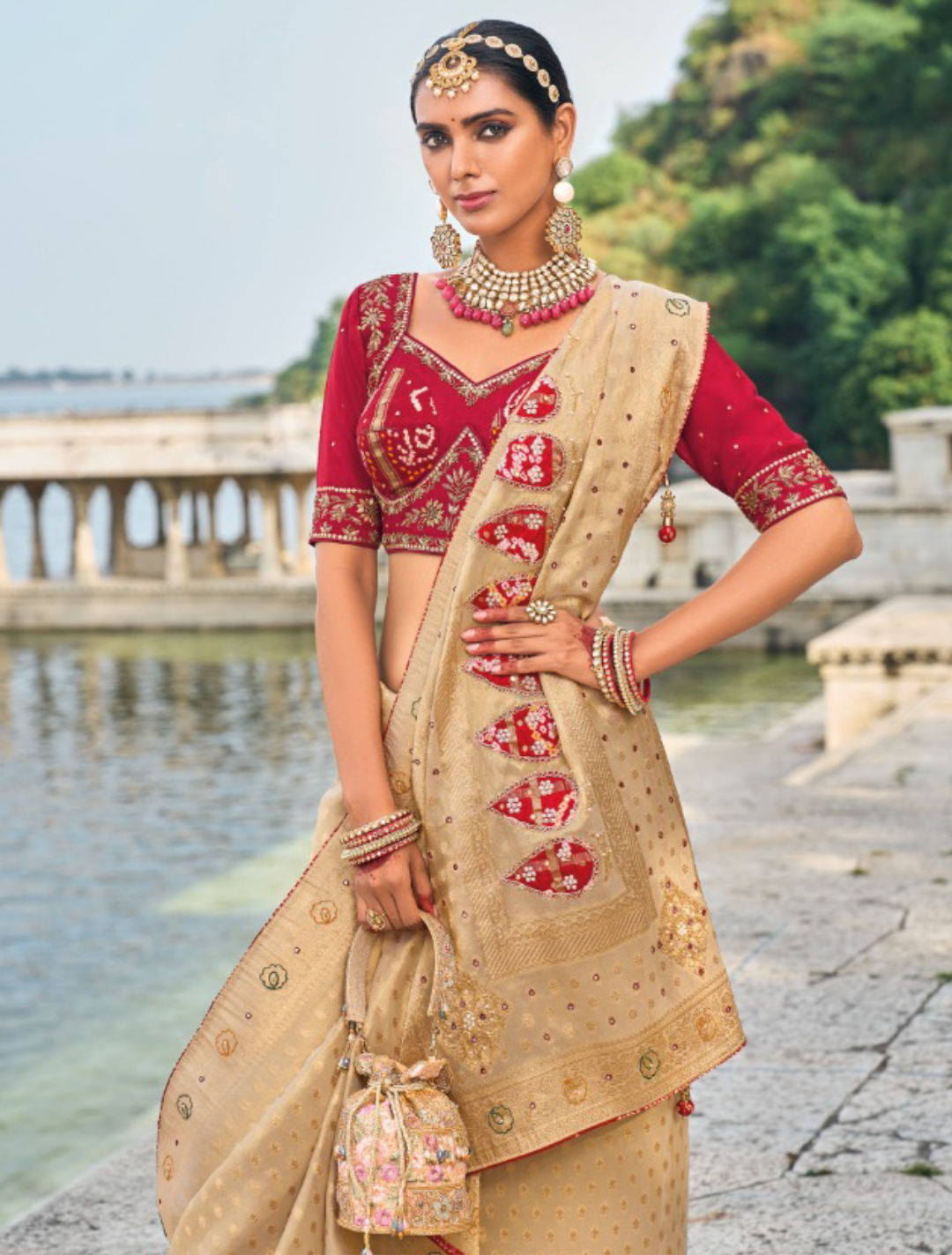 Opulent Beige And Maroon Chiku Pure Kanjivaram Pure Saree With Jardoshi, Cut-Dana & Moti Heavy Work Boutique Style Saree
