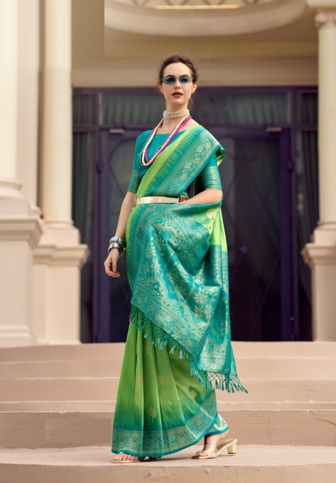 Women Green And Blue Soft Silk With Weaving Saree
