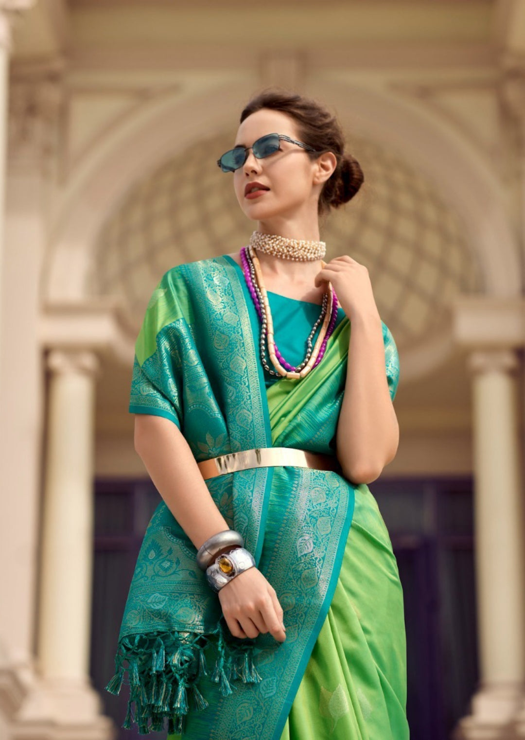 Women Green And Blue Soft Silk With Weaving Saree