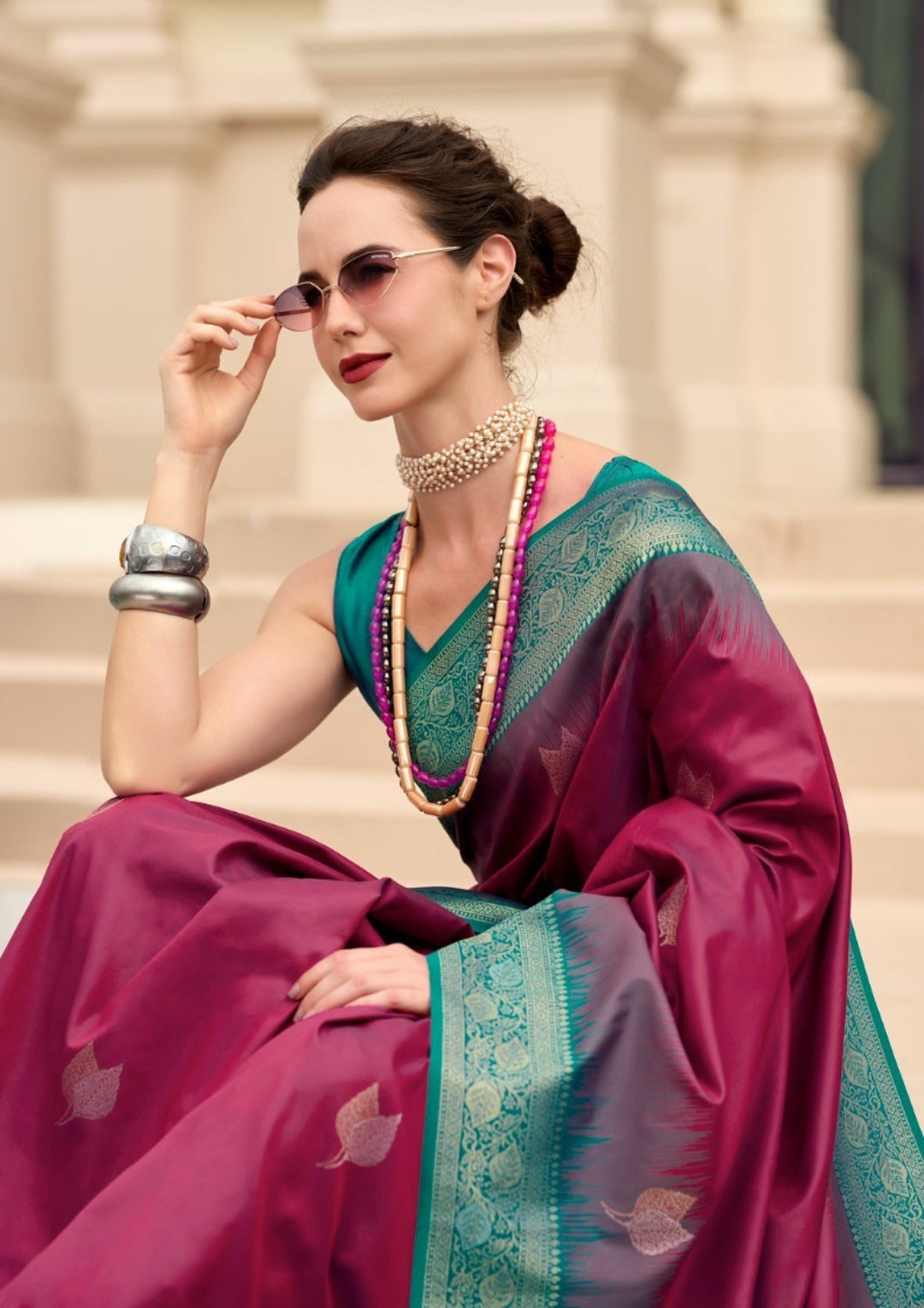 Women Burgundy And Teal Soft Silk With Weaving Saree