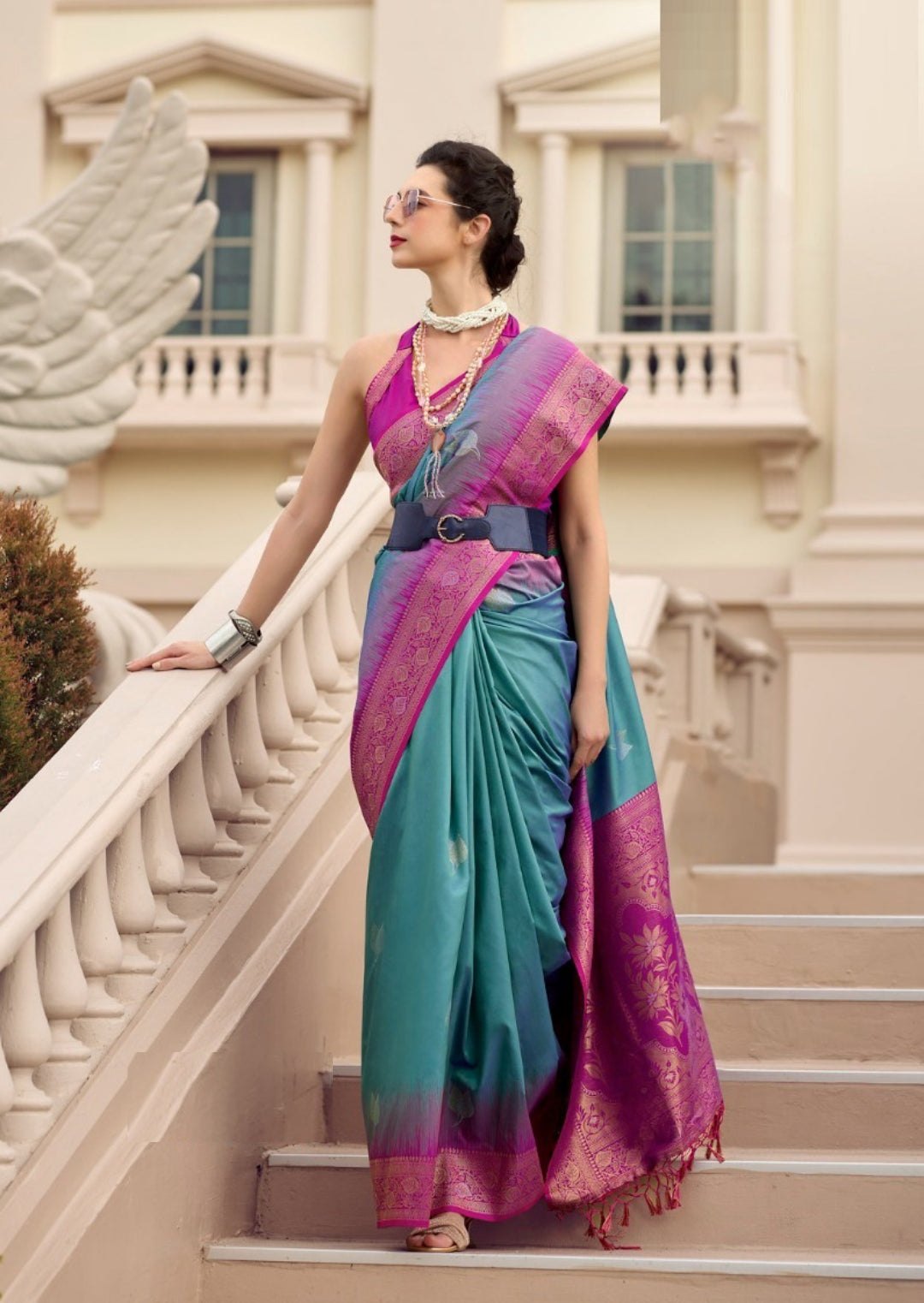 Women Teal And Purple Soft Silk With Weaving Saree