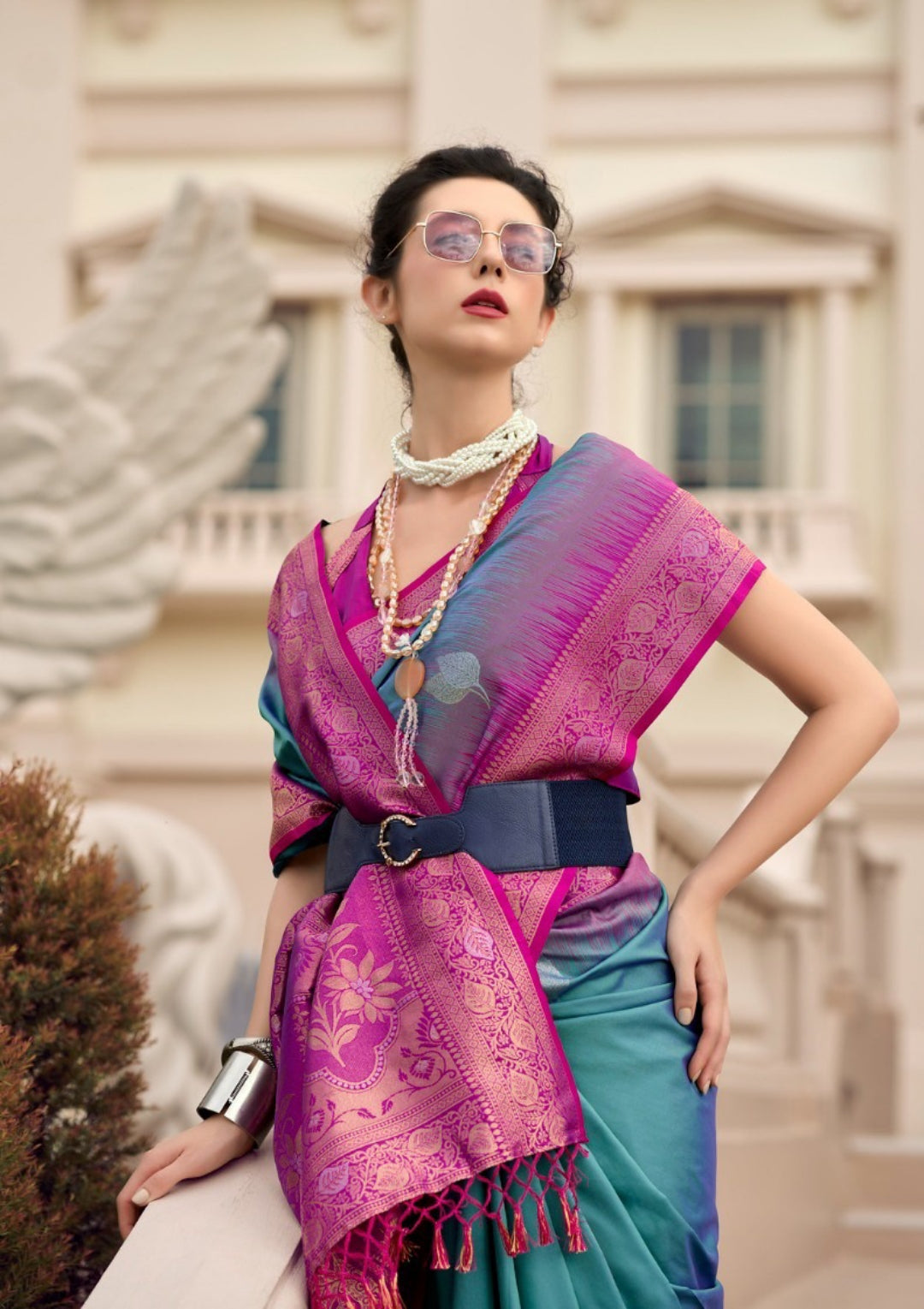 Women Teal And Purple Soft Silk With Weaving Saree