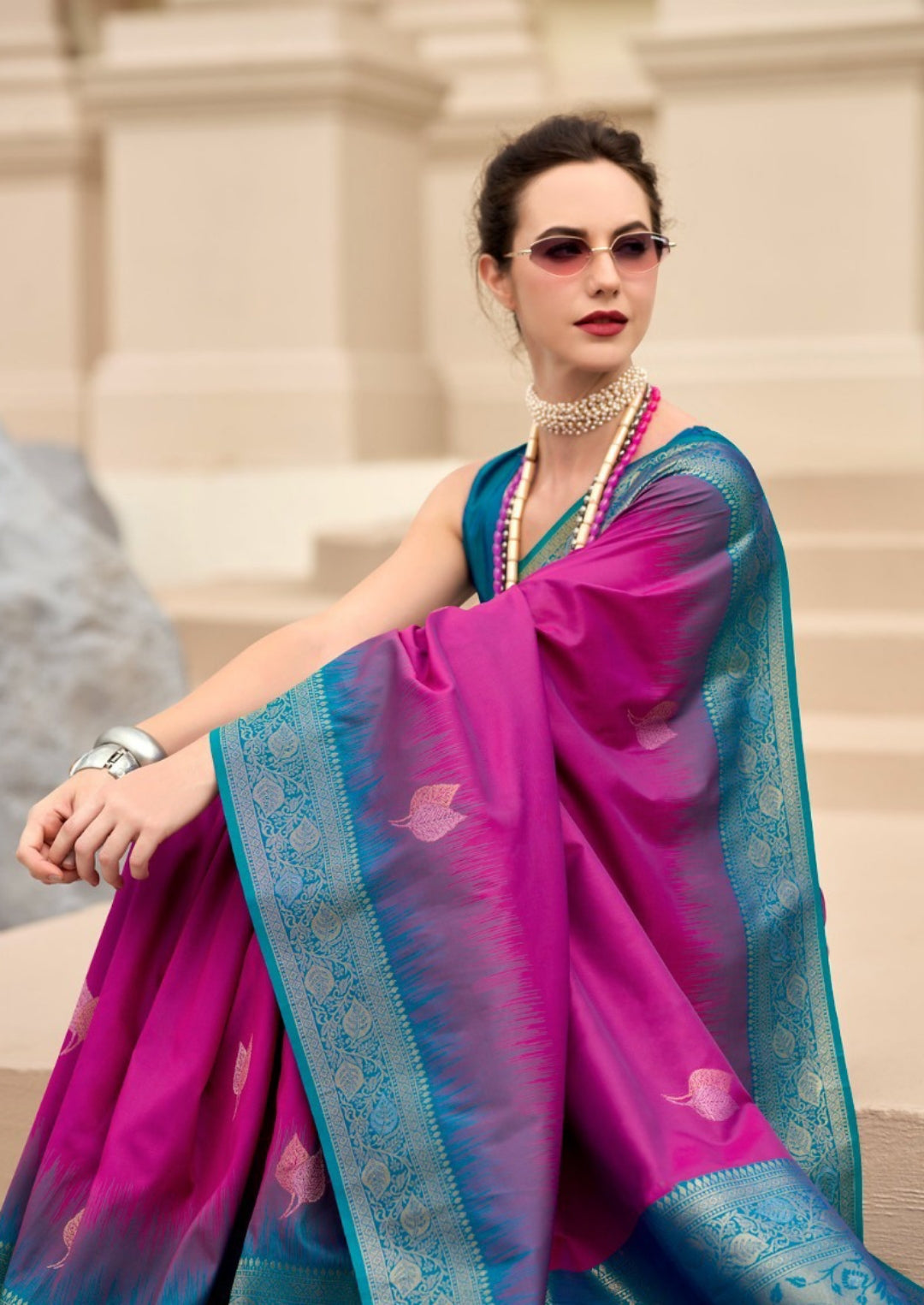 Women Purple And Blue Soft Silk With Weaving Saree