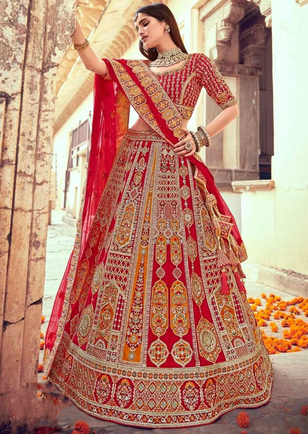 Women Red Silk Embroidered Lehenga Set