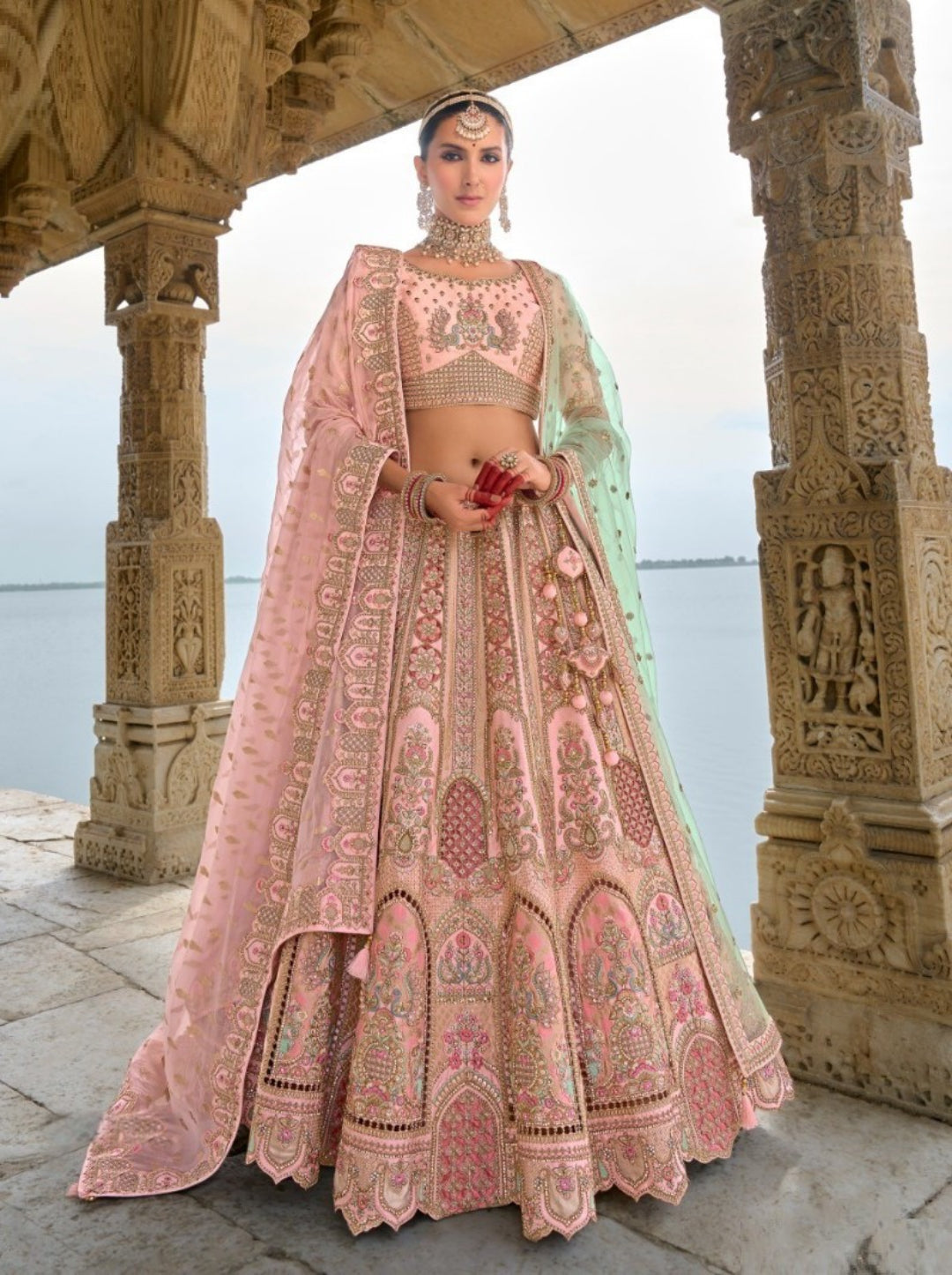 Powder Pink Embroidery Work Lehenga Choli Dupatta