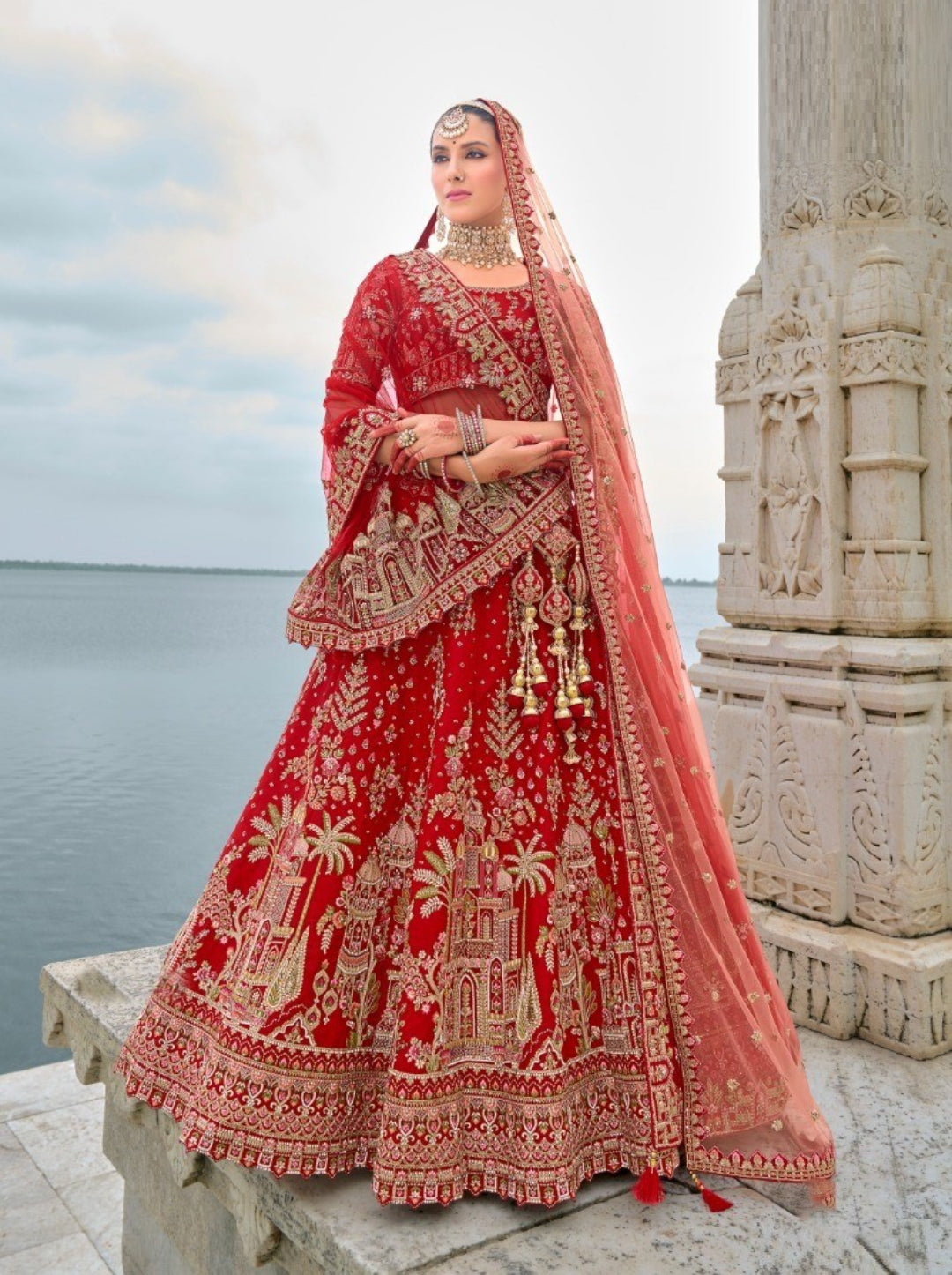 Tomato Red Silk Embroidery Work Lehenga Set