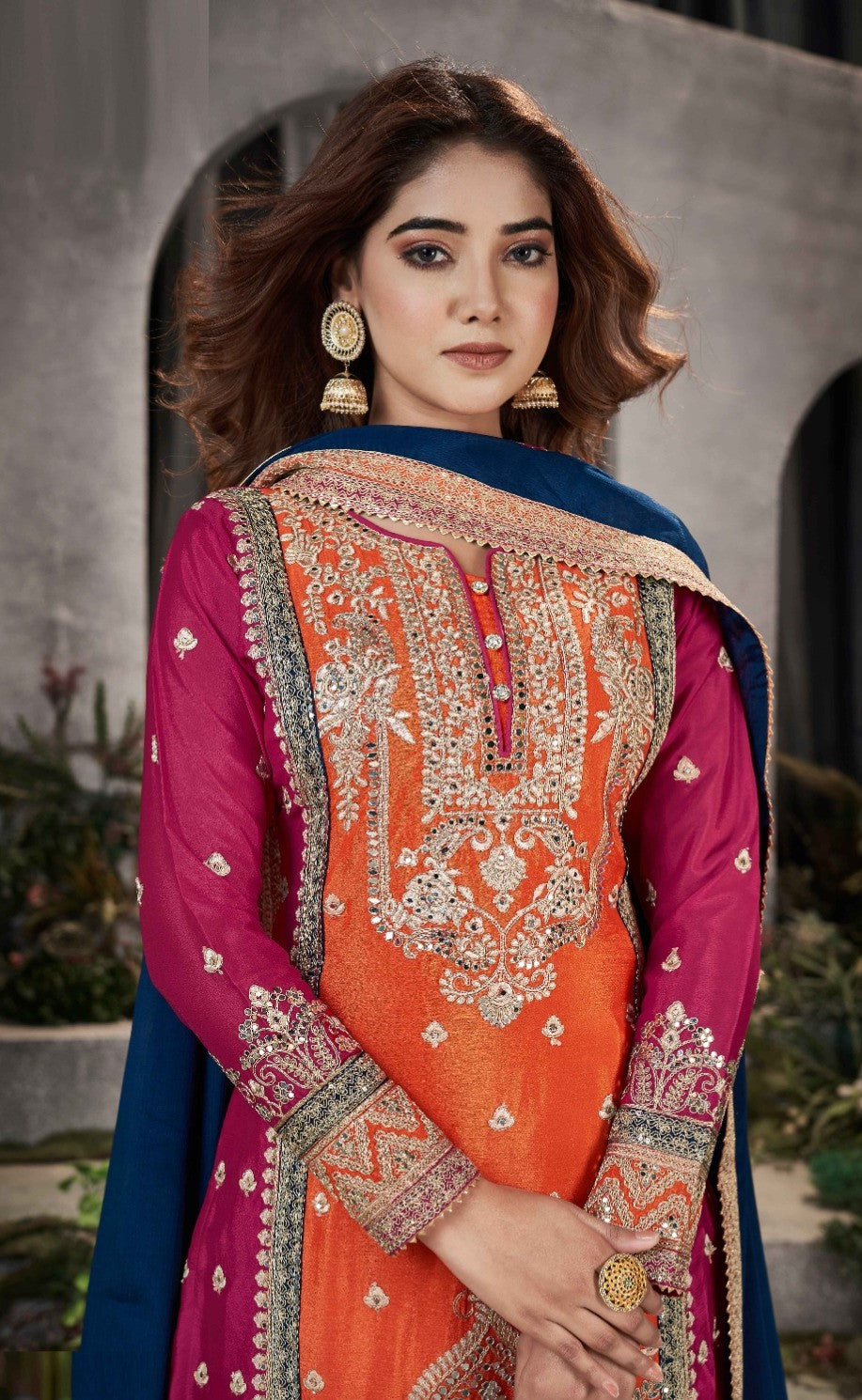 Couture Orange And Pink Chinon Embroidery Work Palazzo Suit Set