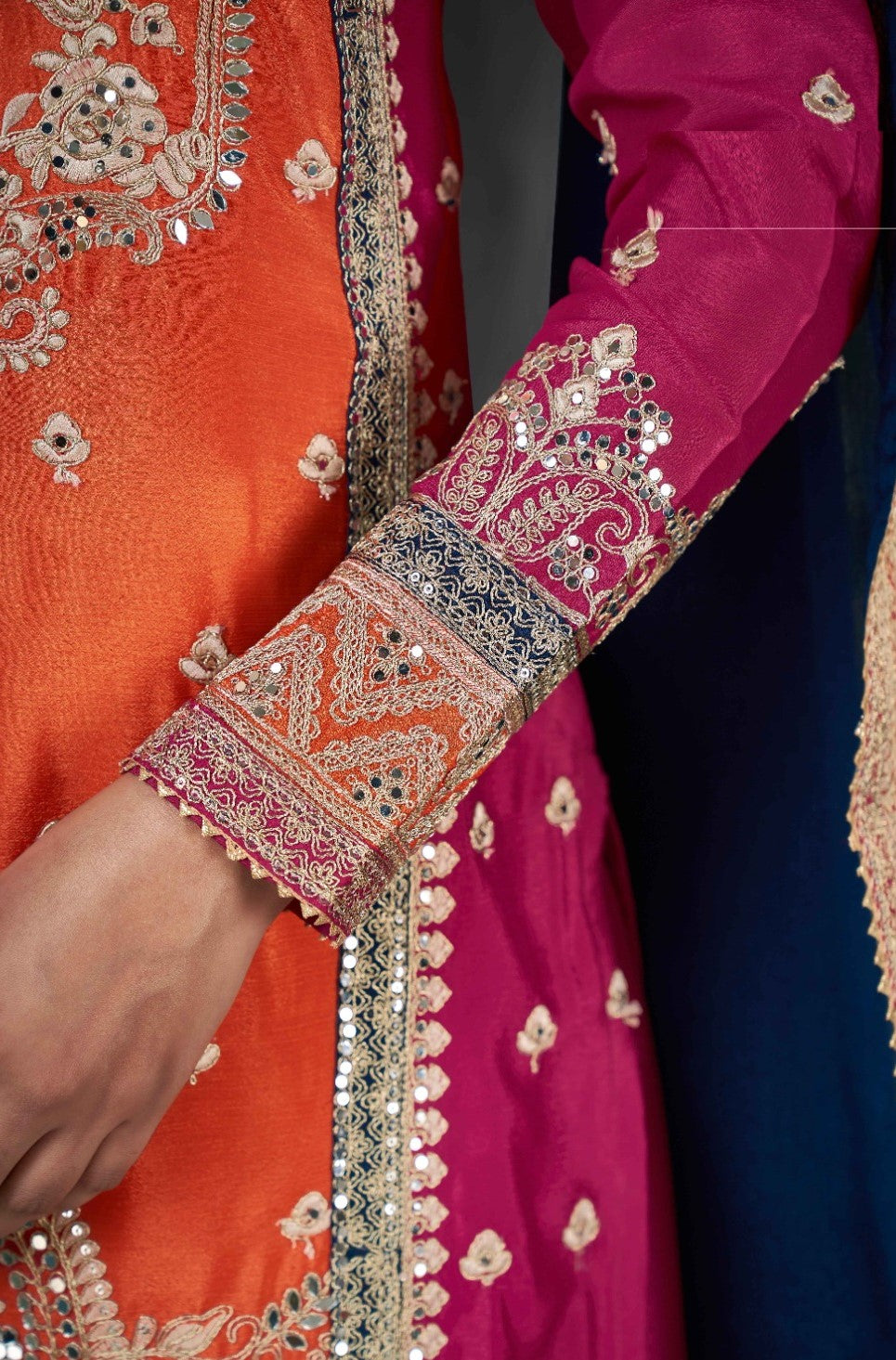 Couture Orange And Pink Chinon Embroidery Work Palazzo Suit Set