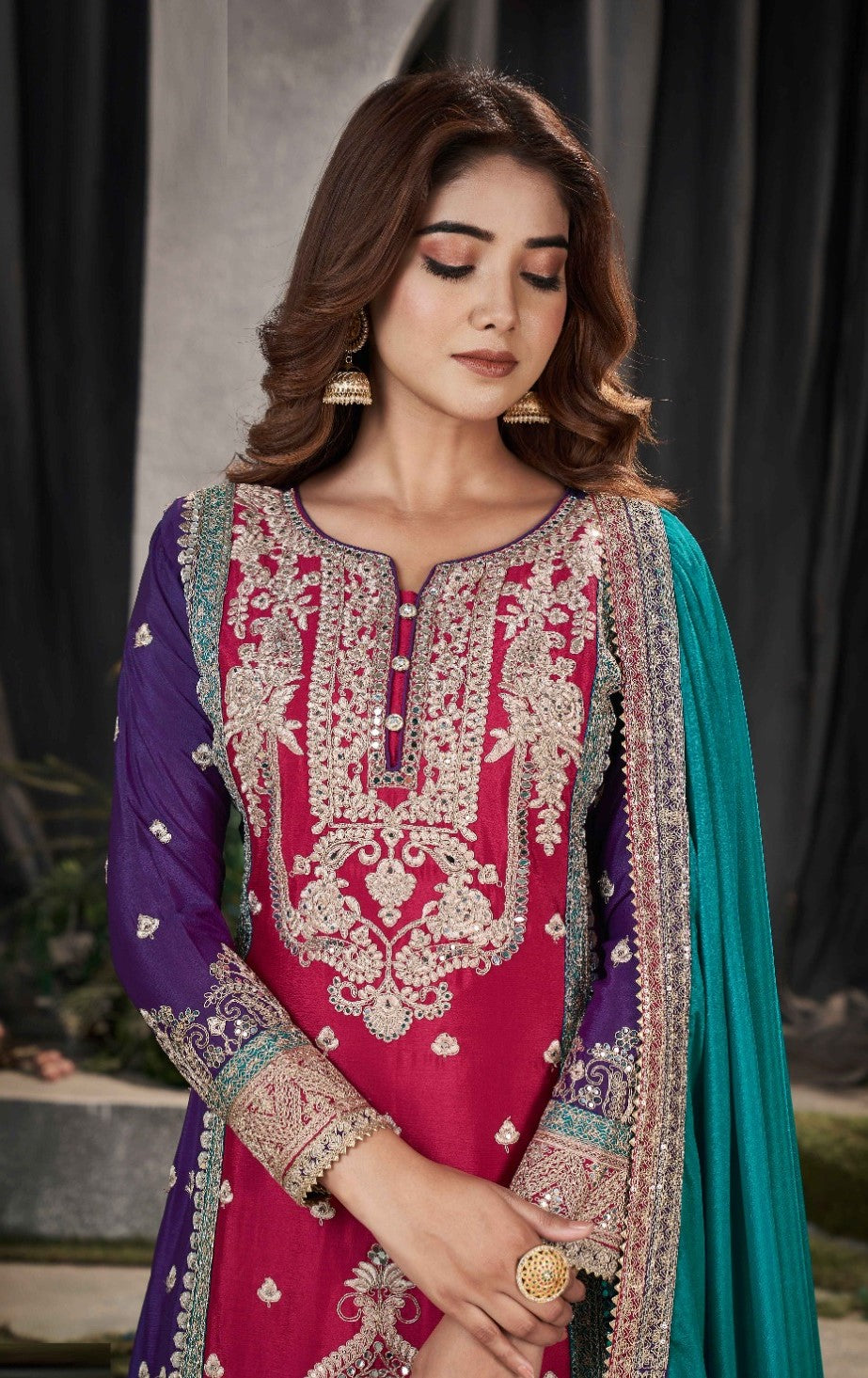 Lustrous Purple And Burgundy Chinon Embroidery Work Palazzo Suit Set