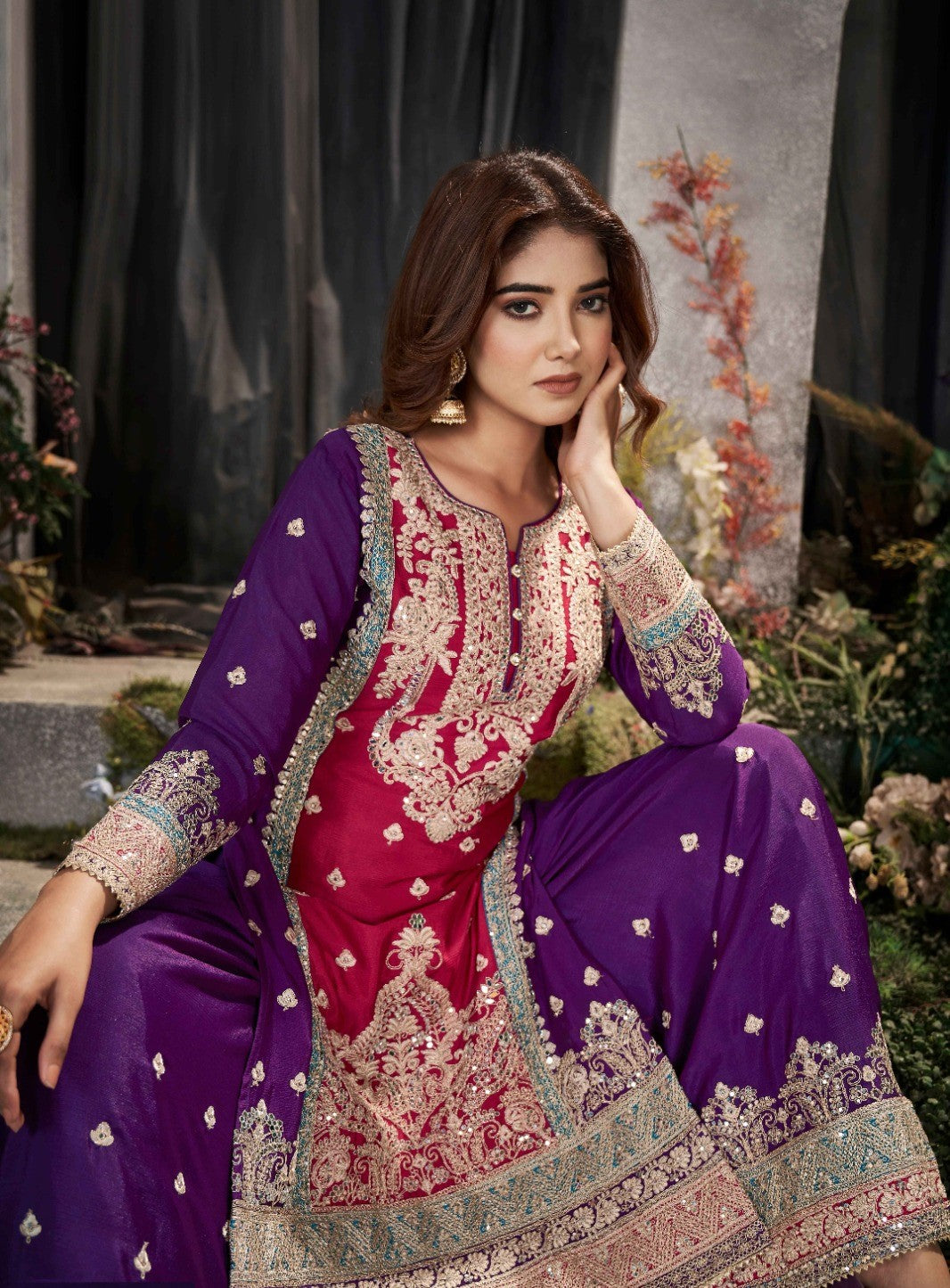 Lustrous Purple And Burgundy Chinon Embroidery Work Palazzo Suit Set