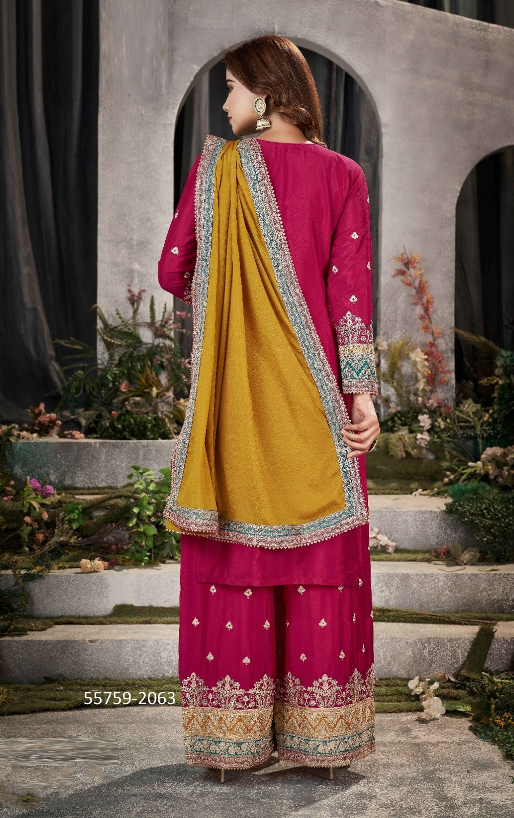 Beautiful Magenta And Teal Chinon Embroidery Work Palazzo Suit Set
