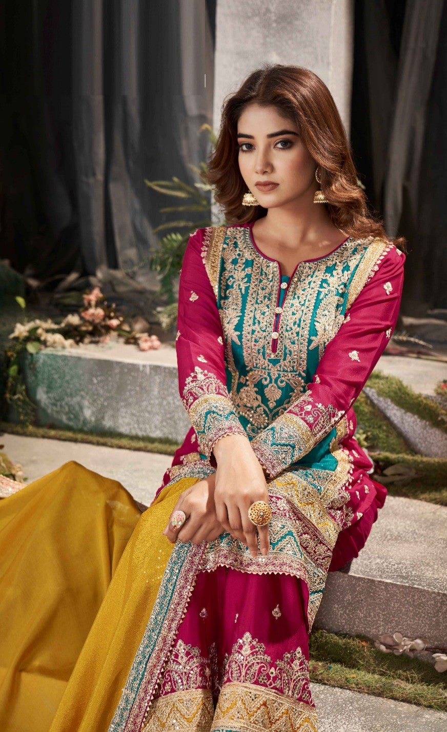 Beautiful Magenta And Teal Chinon Embroidery Work Palazzo Suit Set