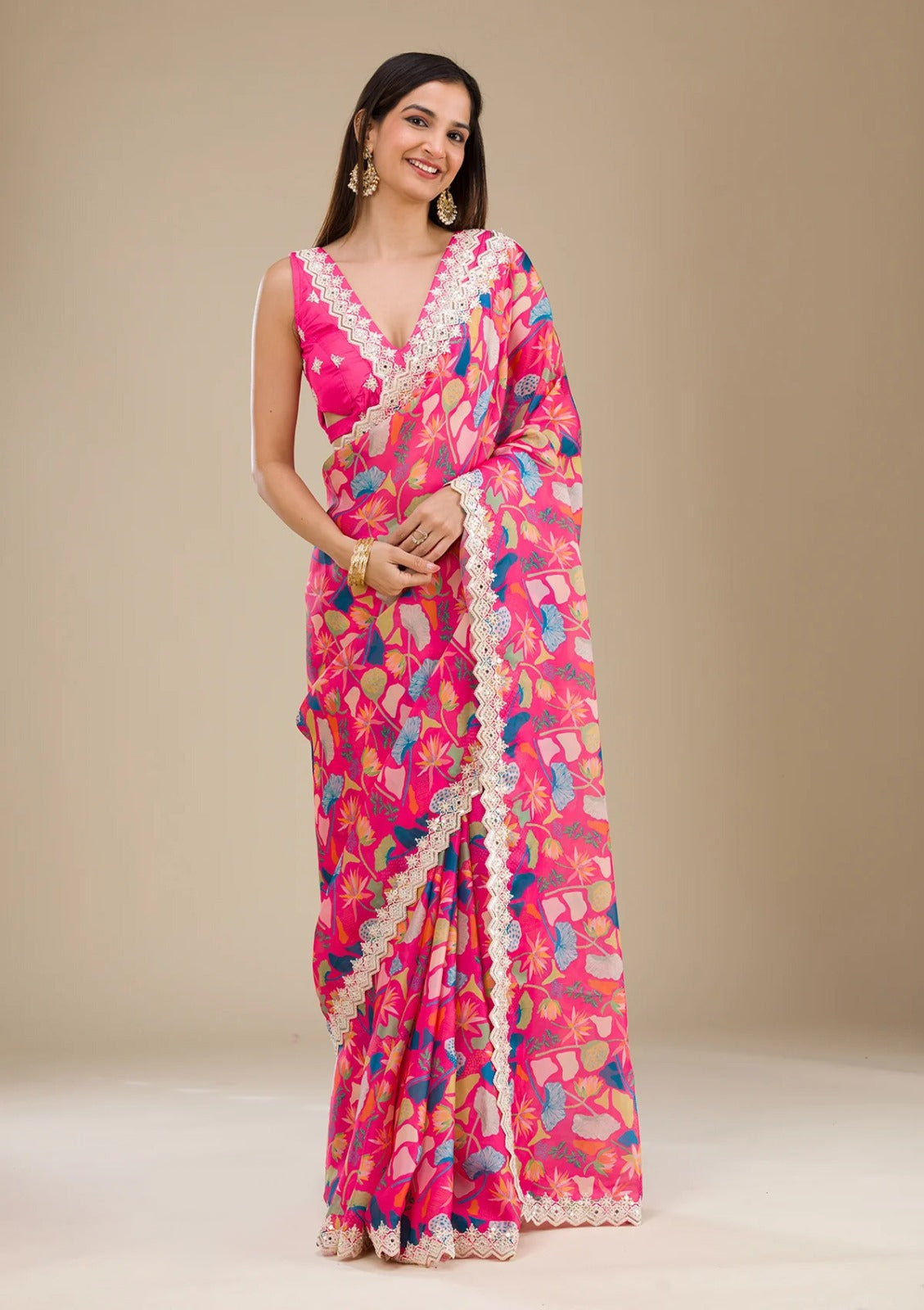 Pink Multi Color Georgette Digital Prints Printed Carnival Saree