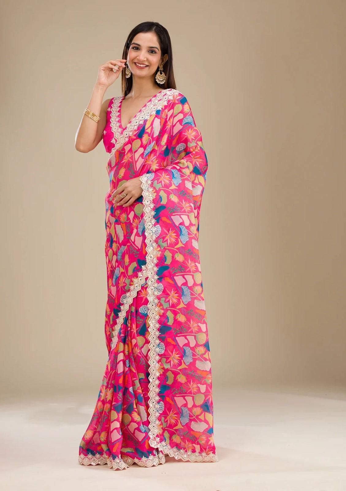 Pink Multi Color Georgette Digital Prints Printed Carnival Saree