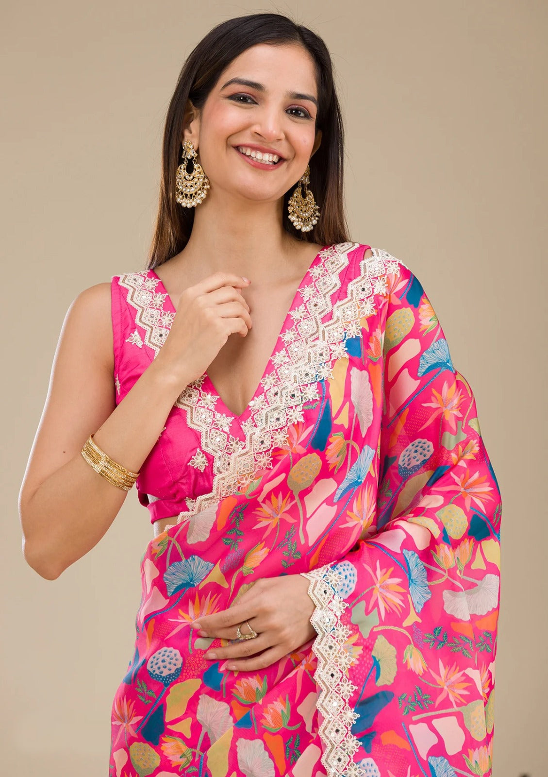 Pink Multi Color Georgette Digital Prints Printed Carnival Saree