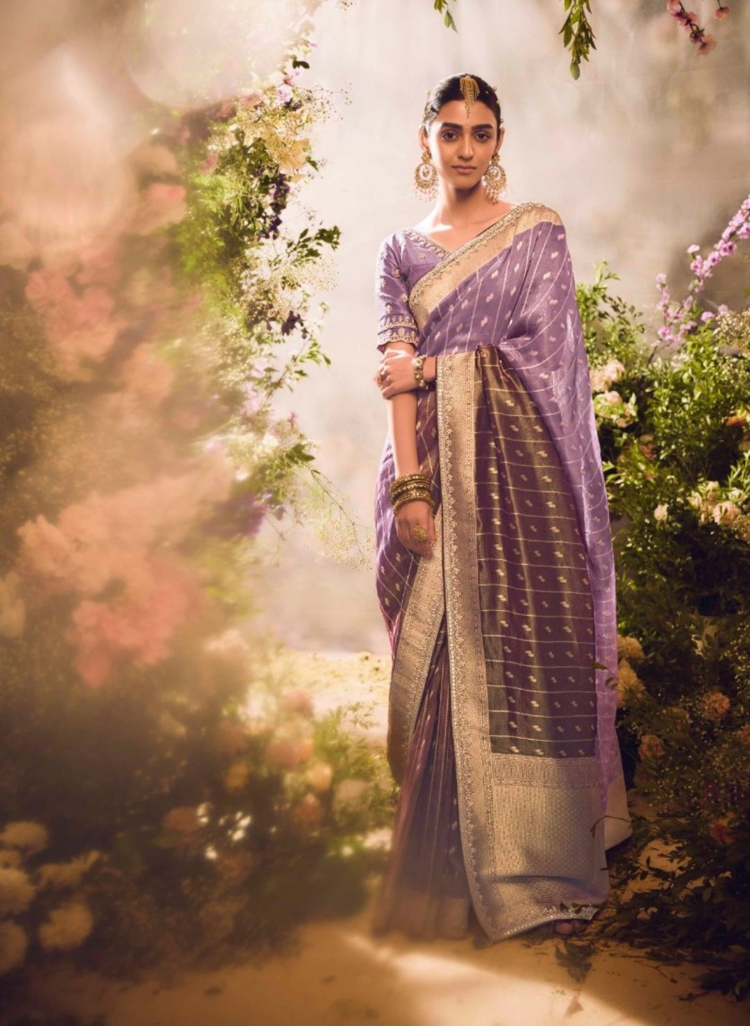 Women Purple Banarasi Tissue Silk Embroidery Saree