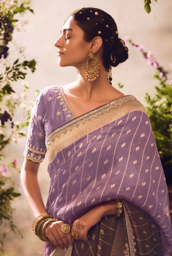 Women Purple Banarasi Tissue Silk Embroidery Saree