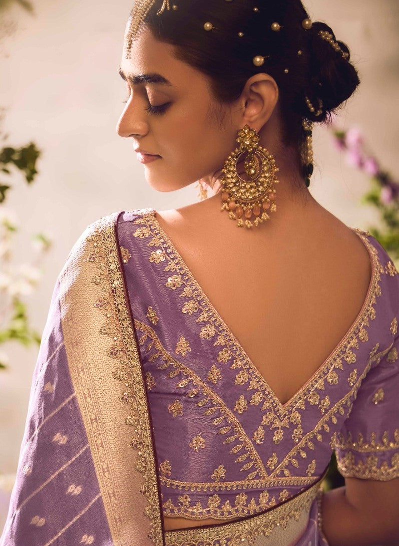 Women Purple Banarasi Tissue Silk Embroidery Saree