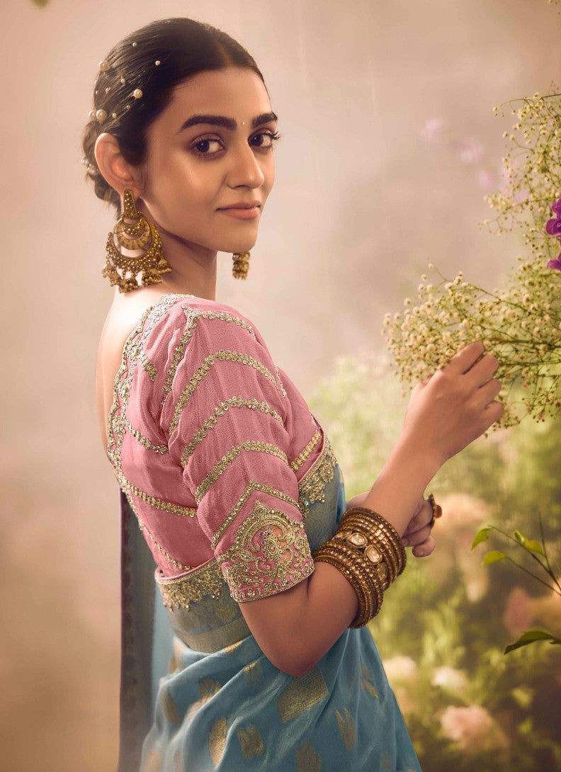 Women Blue And Pink Banarasi Saree