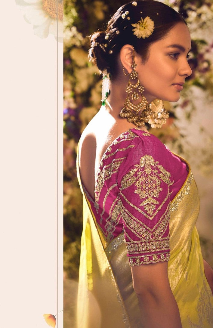 Attractive Yellow And Pink Banarasi Tissue Silk Sarees