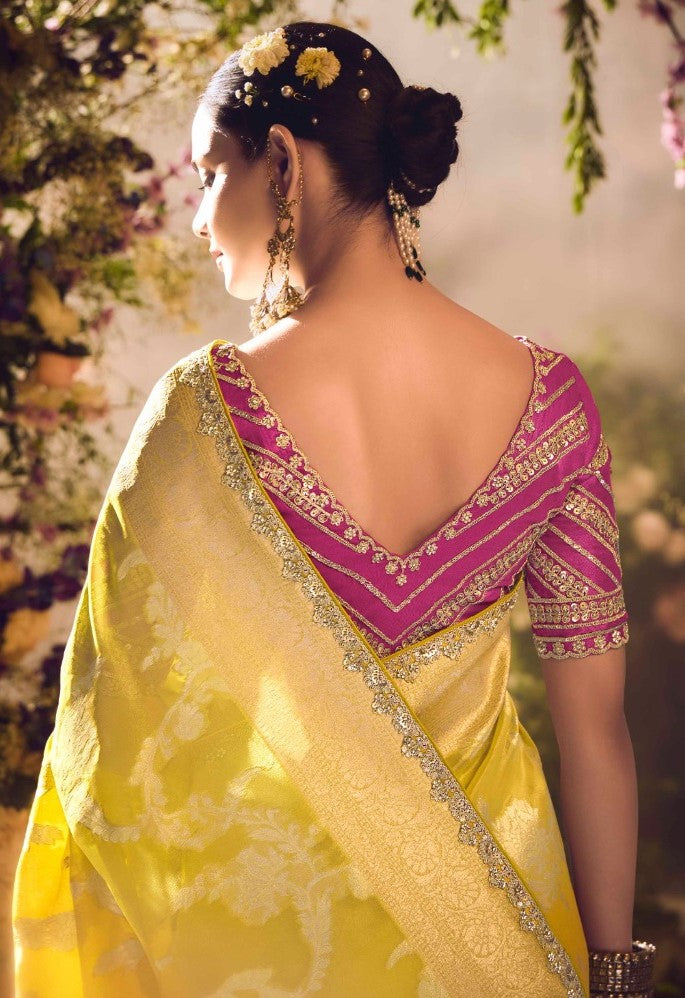 Attractive Yellow And Pink Banarasi Tissue Silk Sarees