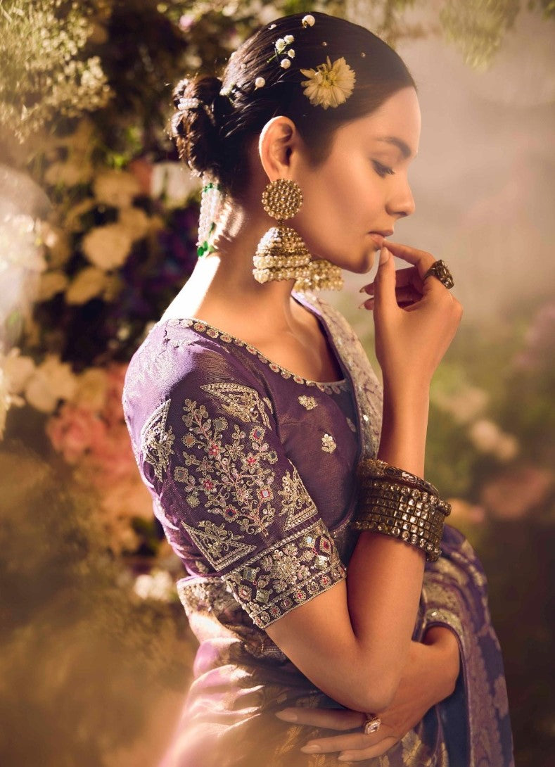 Amazing Purple Banarasi Silk With Embroidery Work Saree