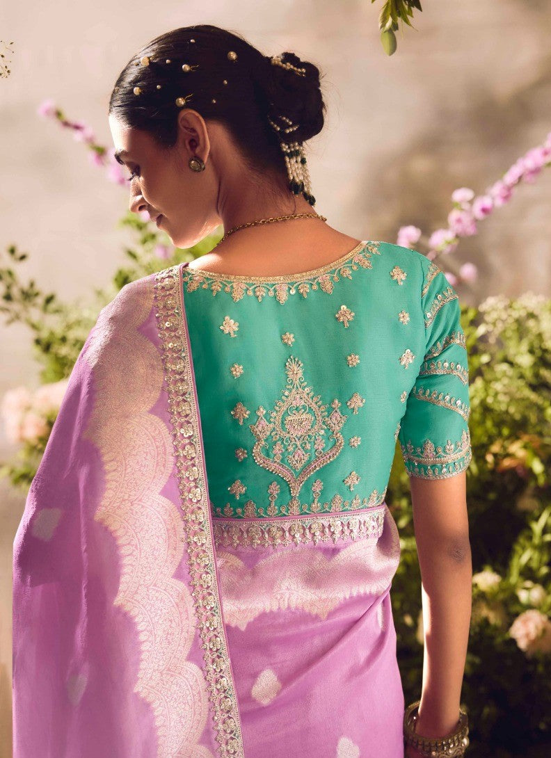 Pink And Teal Banarasi Zari Silk Embroidery Saree