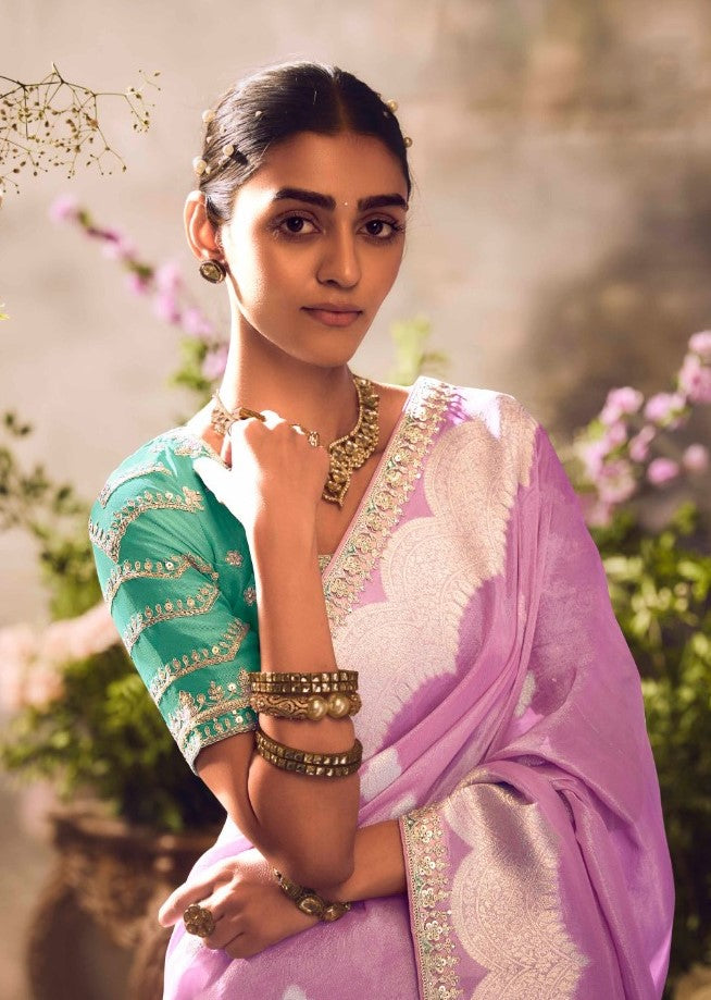 Pink And Teal Banarasi Zari Silk Embroidery Saree