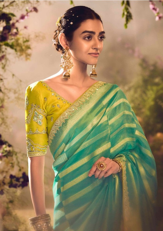 Pretty Teal And Yellow Banarasi Zari Silk Saree