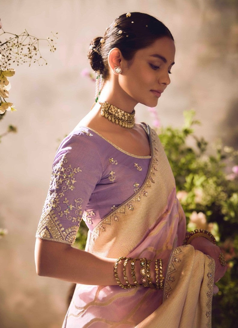 Light Purple Banarasi Zari Tissue Silk Embroidery Saree