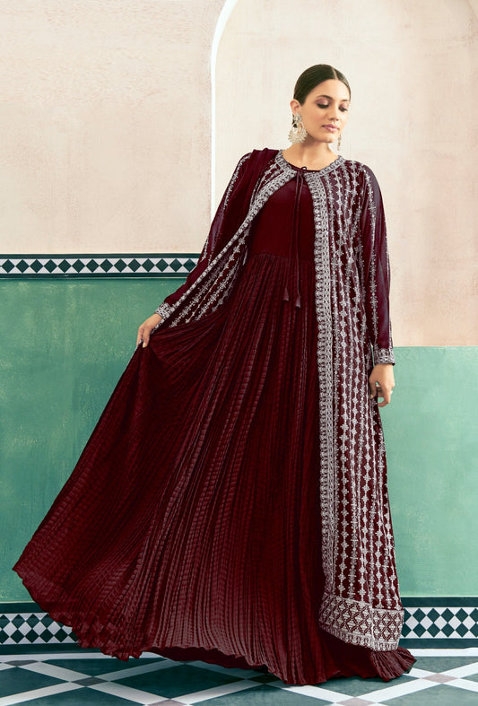 Pretty Maroon Georgette With Embroidery Work Gown With Jacket