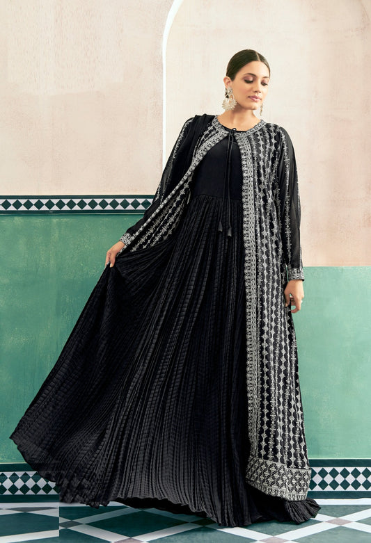 Charming Black Georgette With Embroidery Work Gown With Jacket