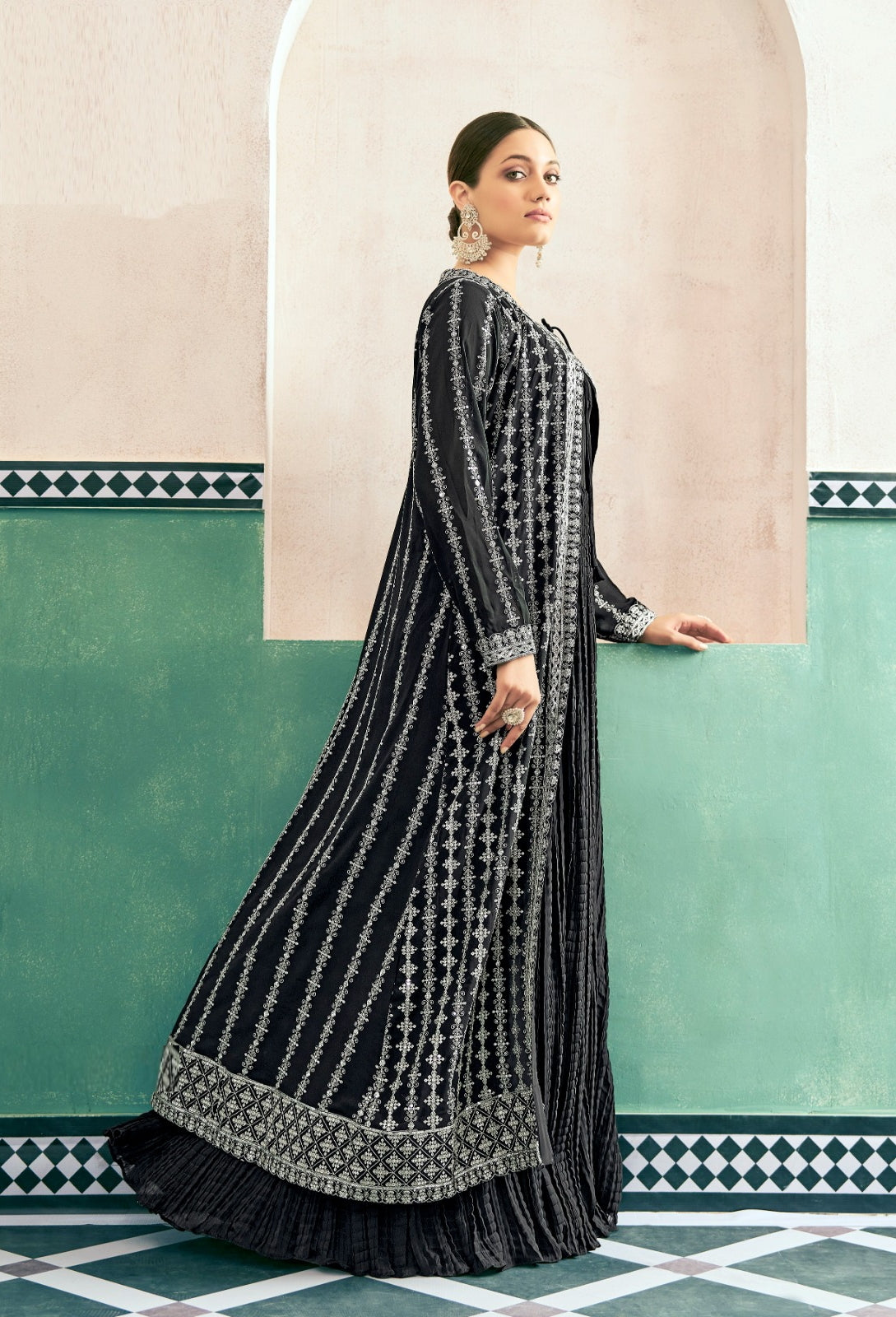 Charming Black Georgette With Embroidery Work Gown With Jacket