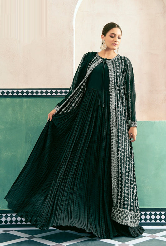 Comfy Green Georgette With Embroidery Work Gown With Jacket