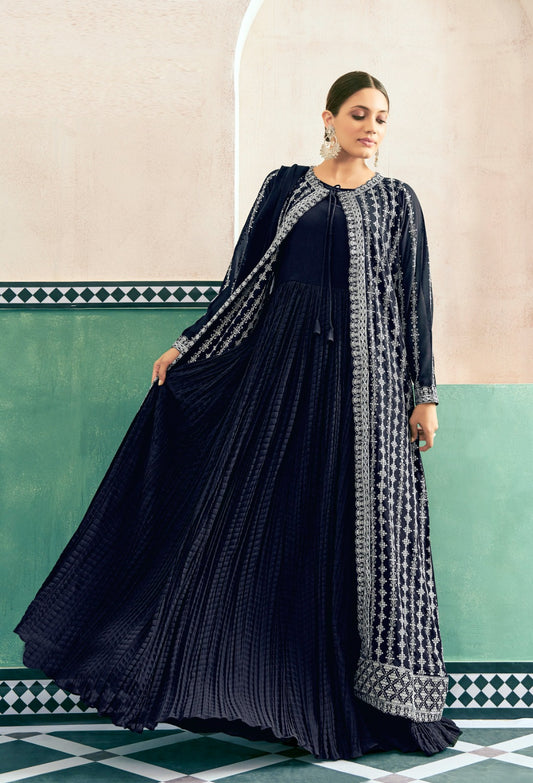 Magnificent Navy Blue Georgette With Embroidery Work Gown With Jacket