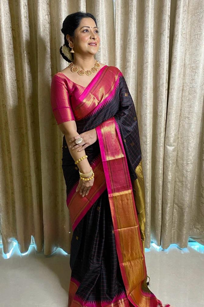 Women Black And Pink Banarasi Soft Silk Saree