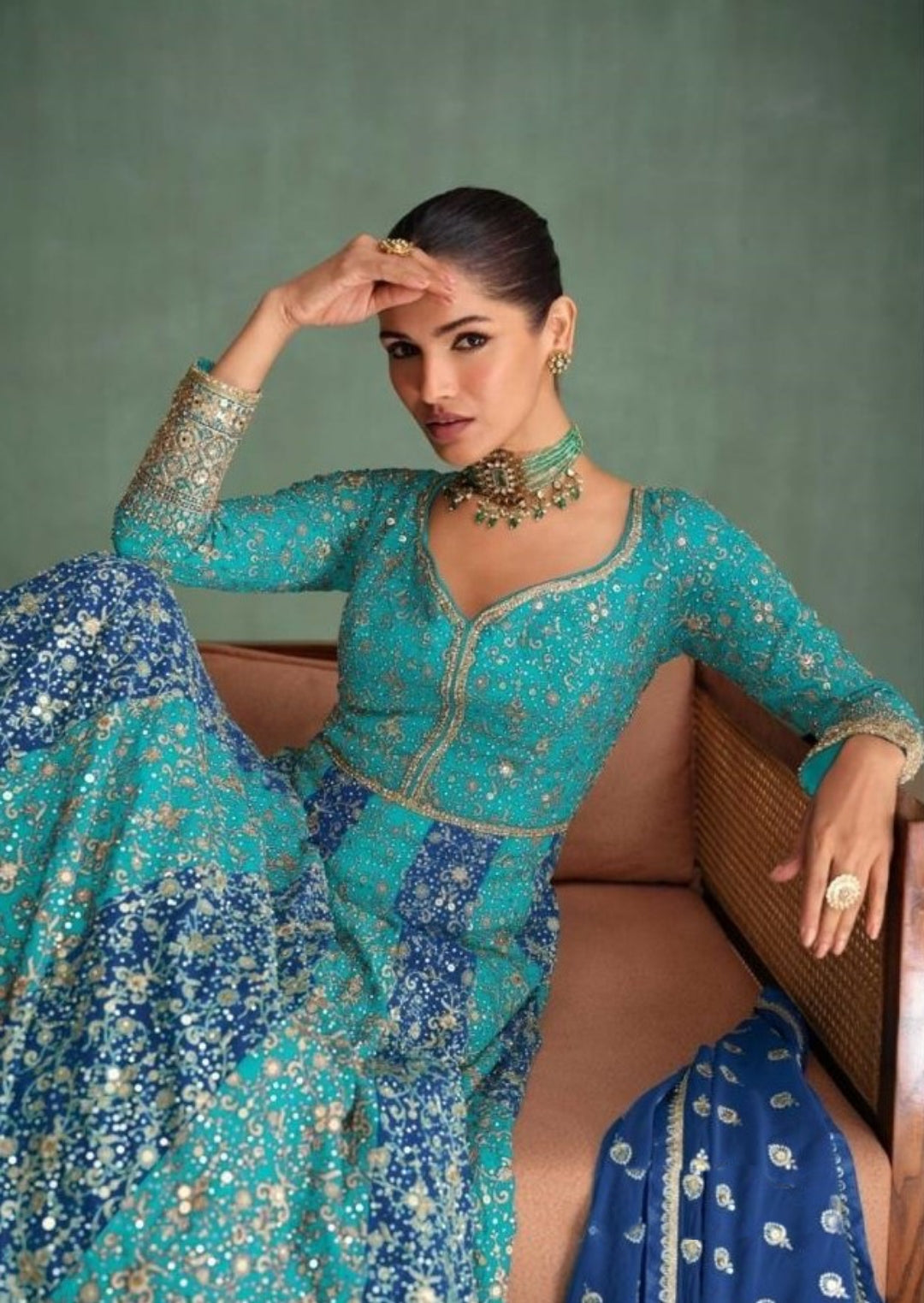 Women Blue And Teal Georgette Gown With Dupatta