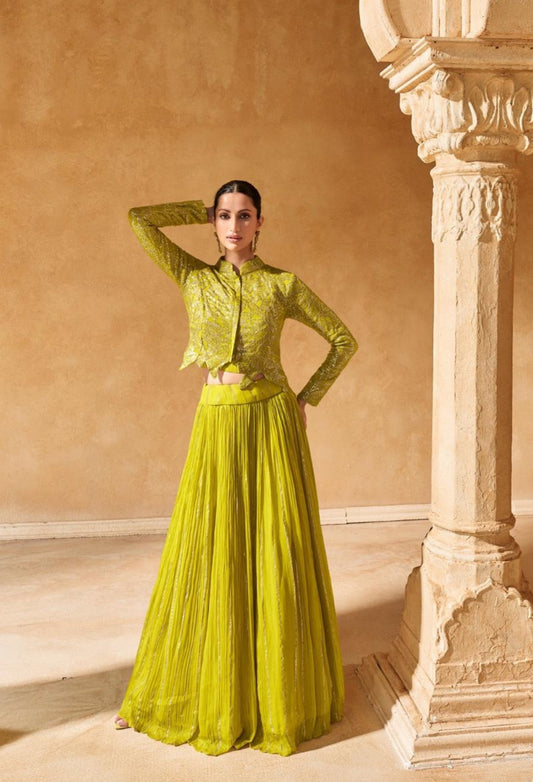 Vibrant Neon Green Georgette Indo Western Dress
