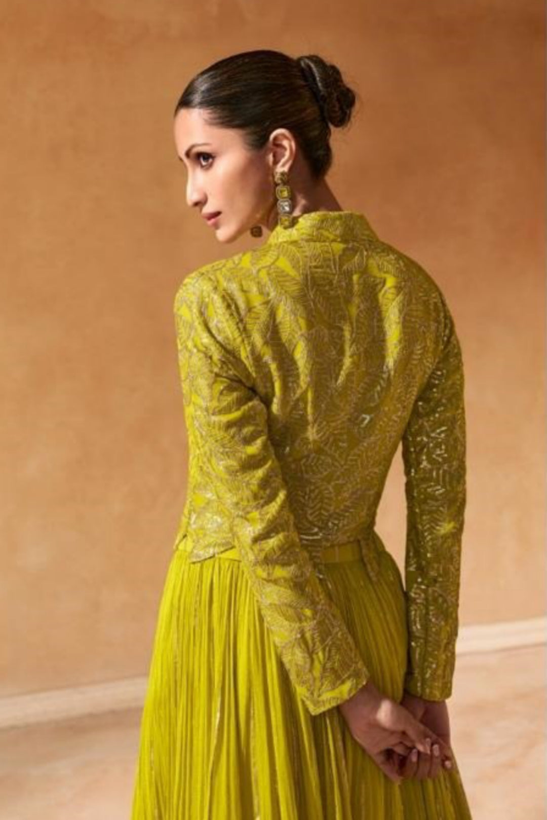 Vibrant Neon Green Georgette Indo Western Dress
