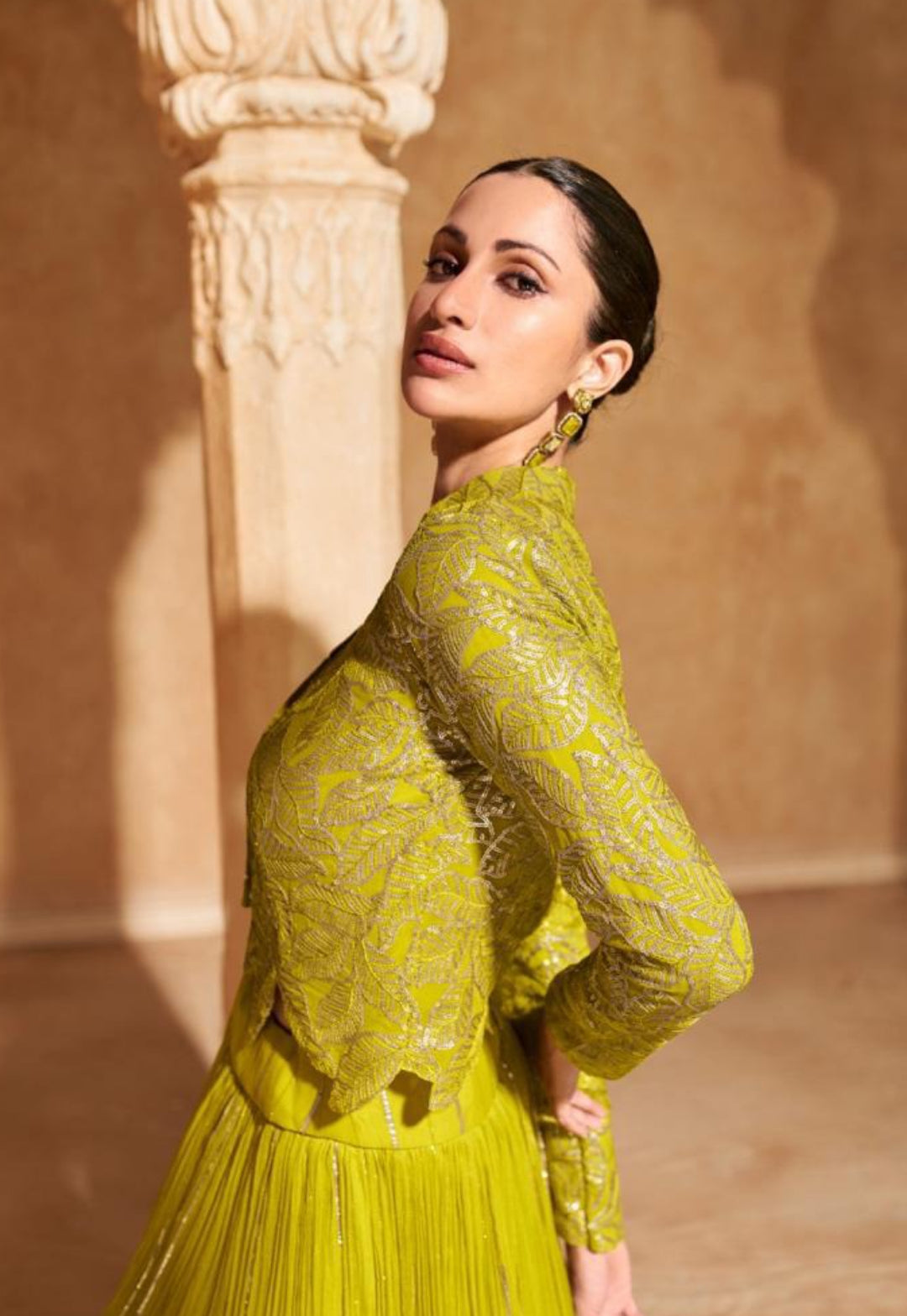 Vibrant Neon Green Georgette Indo Western Dress