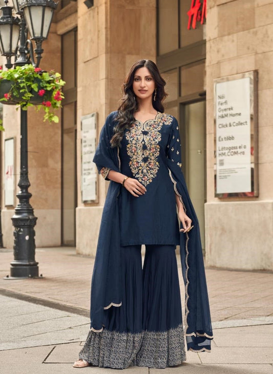 Beautiful Navy Blue Silk Sharara-Bottom Suit Set