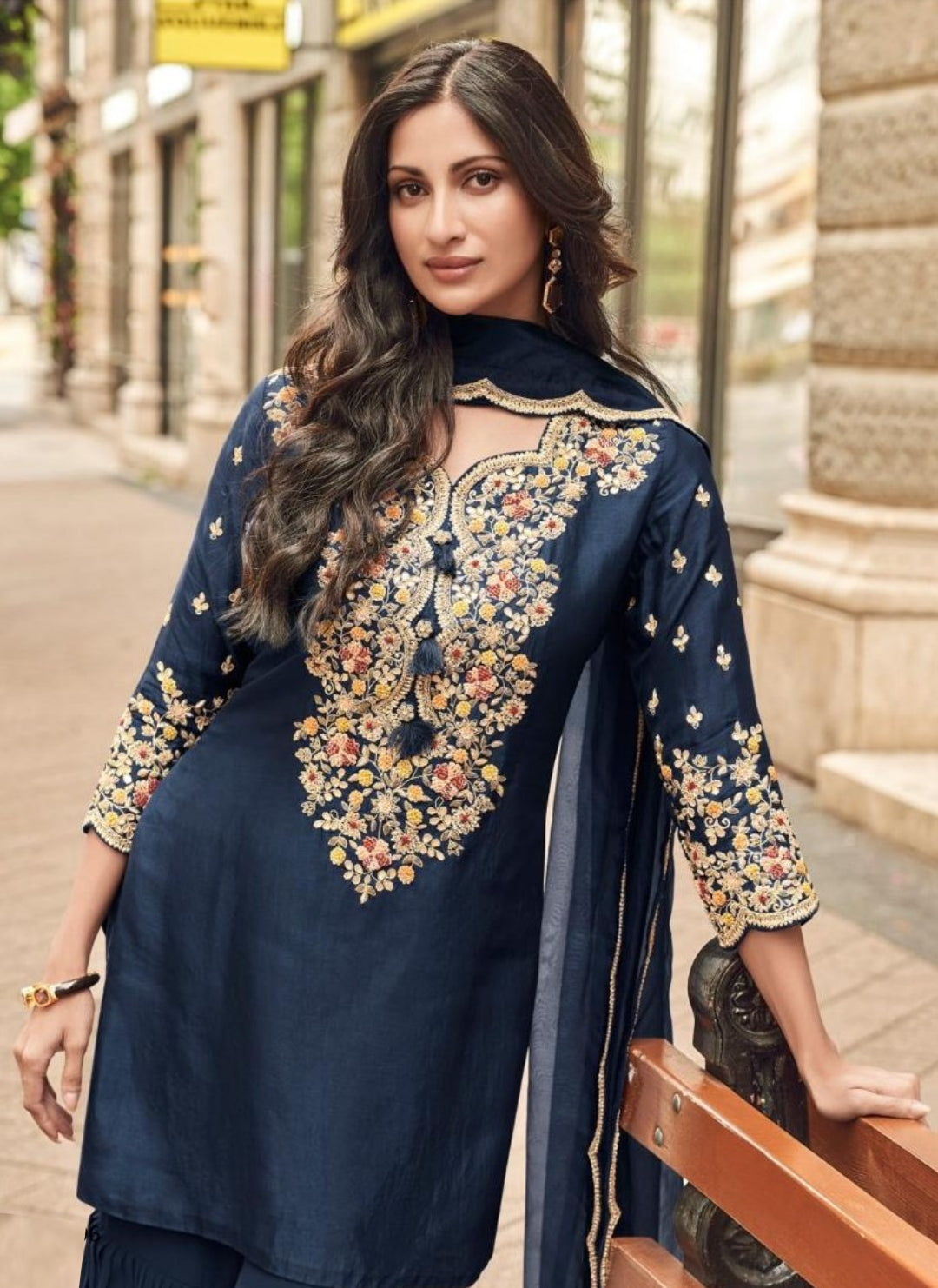 Navy Blue Silk Sharara Set With Dupatta