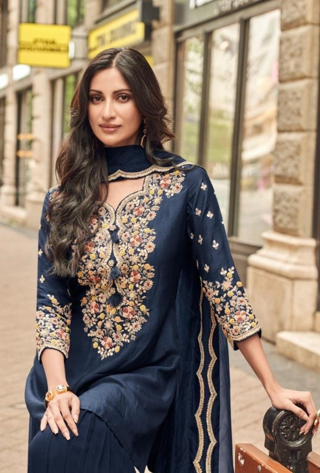 Navy Blue Silk Sharara Set With Dupatta