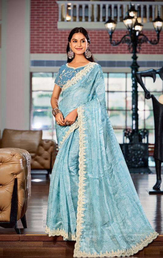 Women Sky Blue Burberry Silk Carnival Saree