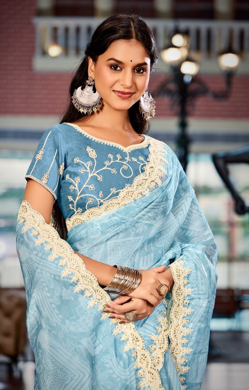 Women Sky Blue Burberry Silk Carnival Saree