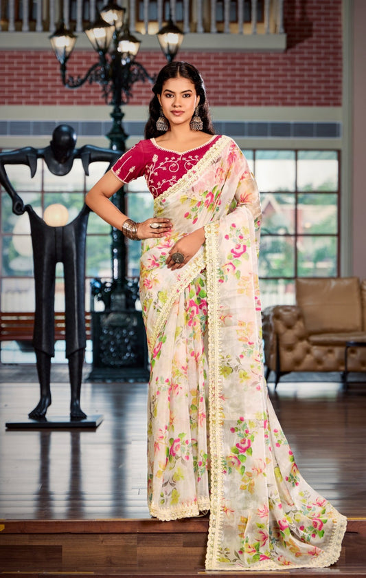 Women Off White Burberry Silk Carnival Saree