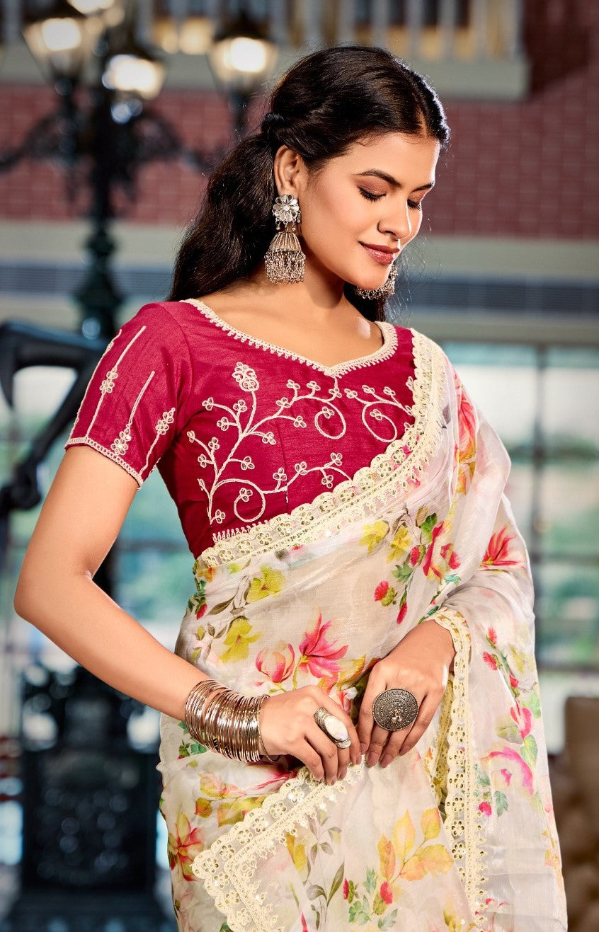 Women Off White Burberry Silk Carnival Saree