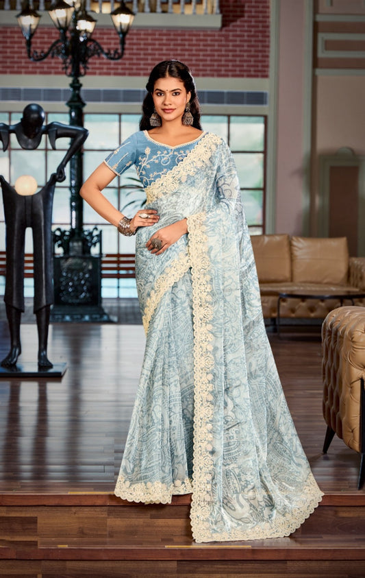 Women Steel Blue Burberry Silk Carnival Saree